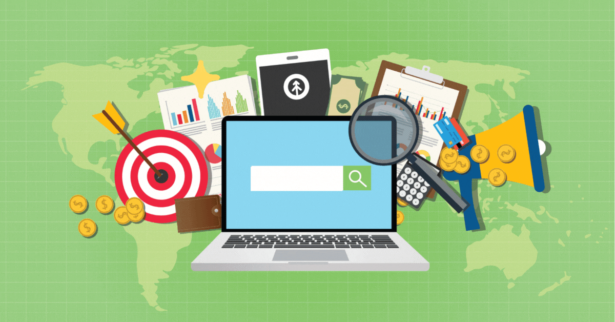 A vector image of a collection of digital tools such as a laptop computer, a mobile device, and data spreadsheets that would be used to analyze and gather 1st-person data.