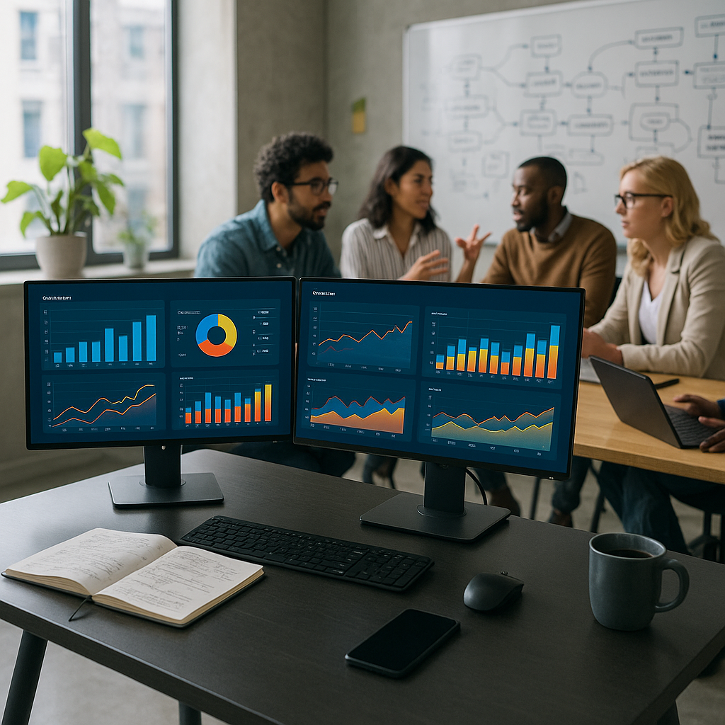 The image depicts a modern office environment showcasing a sleek minimalist desk equipped with dual monitors displaying colorful graphs and analytics dashboards A large window allows natural light to flood the space illuminating a potted plant in the-1