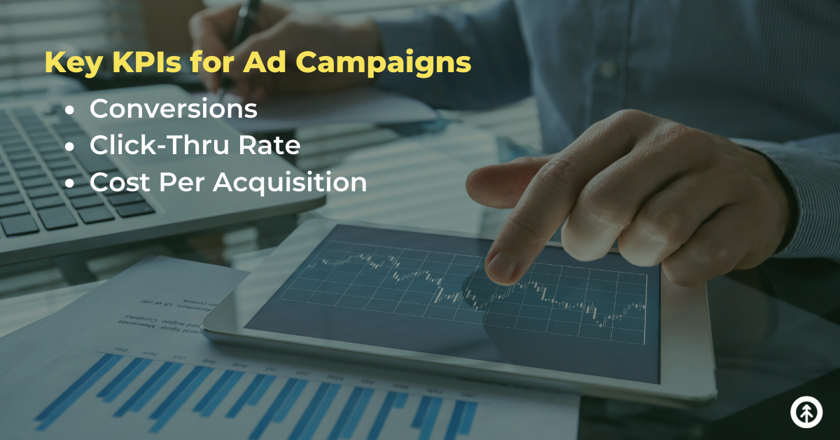 A person's finger pointing at a chart on a mobile device with a list of 3 KPIs for ad campaigns from Growth Marketing Firm.