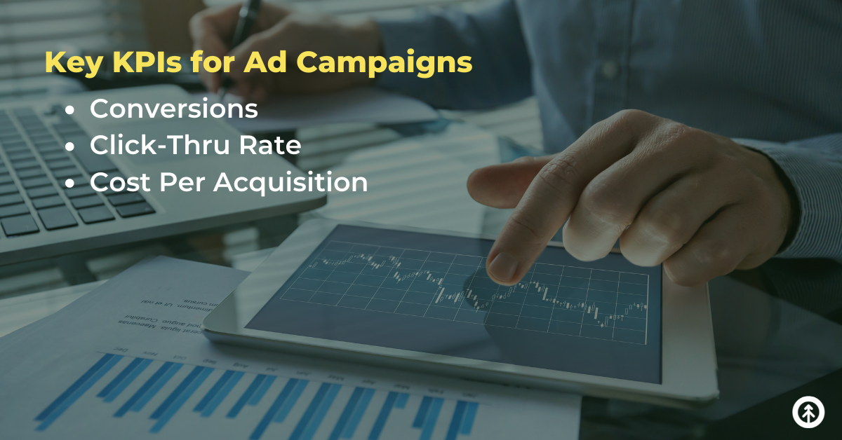 A person's finger pointing at a chart on a mobile device with a list of 3 KPIs for ad campaigns from Growth Marketing Firm. 