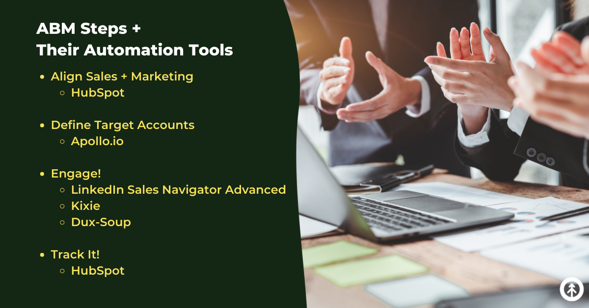 A closeup of the clapping hands of business leaders facing an open laptop computer with a list of automation tools for ABM from Growth Marketing Firm.