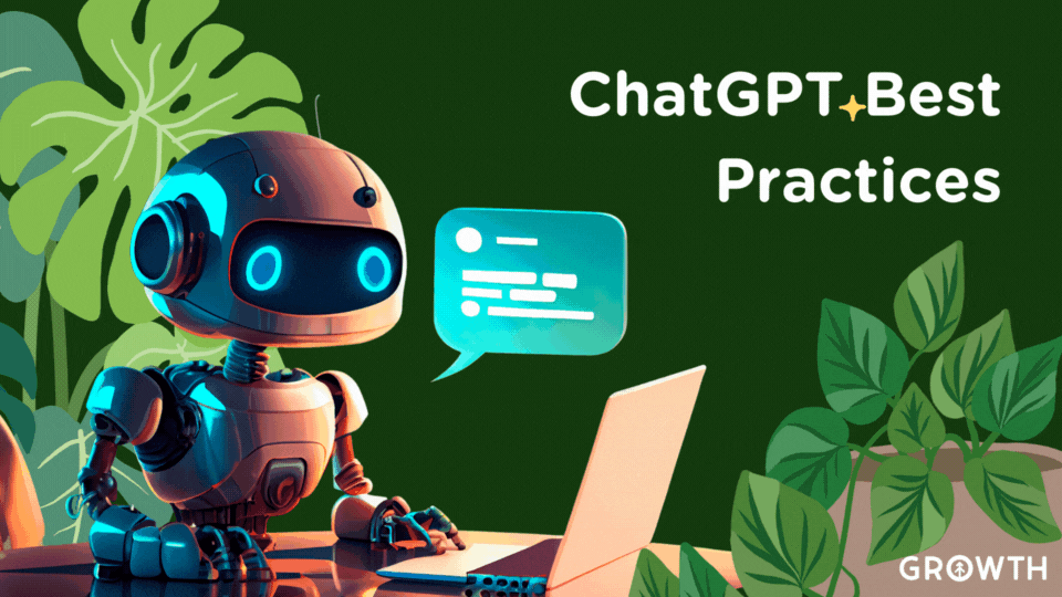 A cute robot sitting at a desk in front of a laptop with its hand on the keyboard to represent Large Language Model AI like ChatGPT. It's in front of a dark green background with plants around it with a quote from the the article from Growth Marketing Firm in white lettering. 