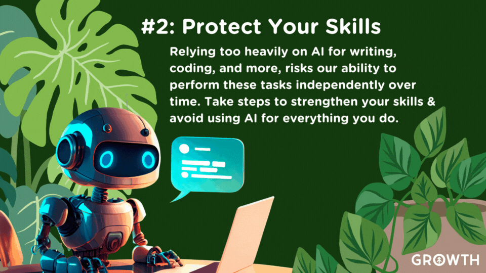 A cute robot sitting at a desk in front of a laptop with its hand on the keyboard to represent Large Language Model AI like ChatGPT. It's in front of a dark green background with plants around it with a quote from the the article from Growth Marketing Firm in white lettering. 