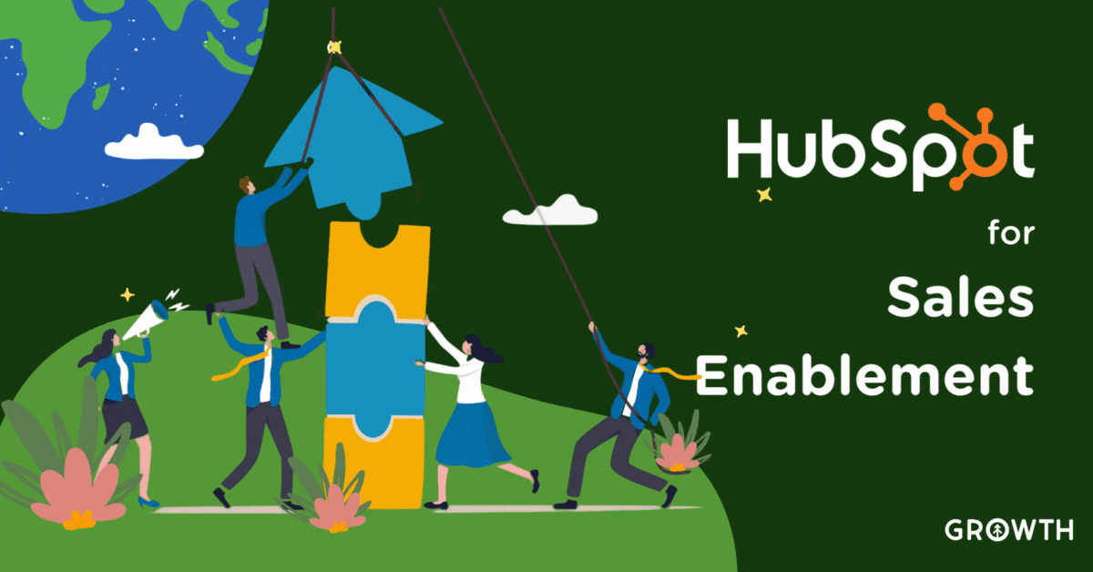 A group of professionals fitting large puzzle pieces on top of each other to form an arrow with a few of them adding the arrow piece to the top while in space to depict the concept of sales enablement.