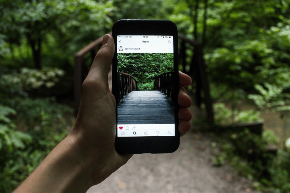 A person holding up a smart phone showing the image of the bridge in front of them on the screen.