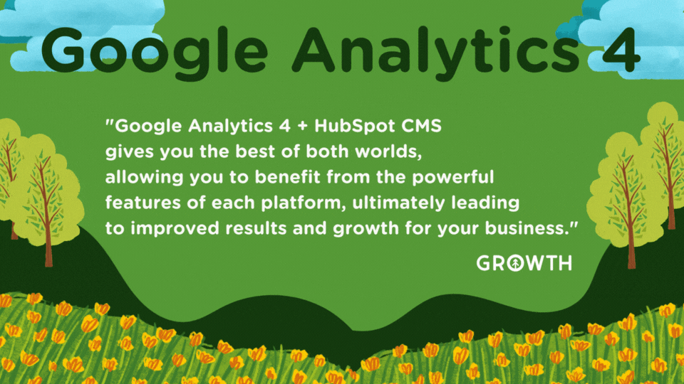 A graphic design of an outdoor setting with clouds and trees blowing in the wind with the words "Google Analytics 4" in large text at the top with a quote about the benefits of pairing Google Analytics 4 with HubSpot CMS from Growth Marketing Firm.