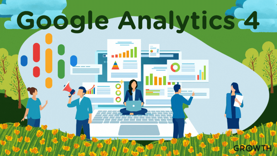 A graphic design showing small figures representing business professionals congregating around a large laptop computer with various analytics graphs and charts in an outdoor setting with "Google Analytics 4" in large text at the top.