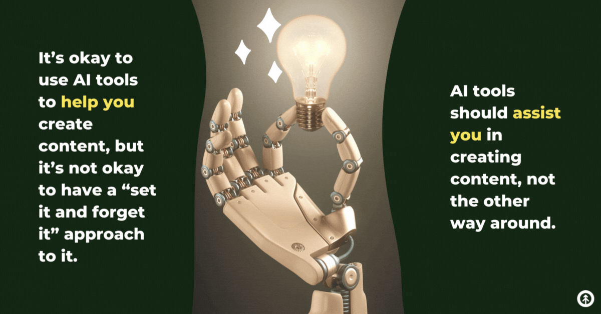 A robotic hand holding up a lightbulb with a quote from Growth Marketing Firm about AI tools best practices according to Google's Helpful Content Update.