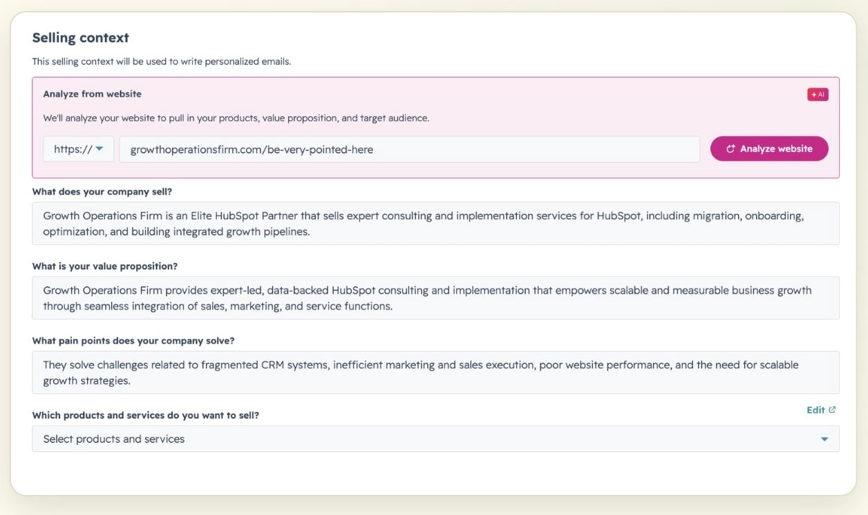 Growth Example of Align message, selling context for Prospecting Agent in HubSpot