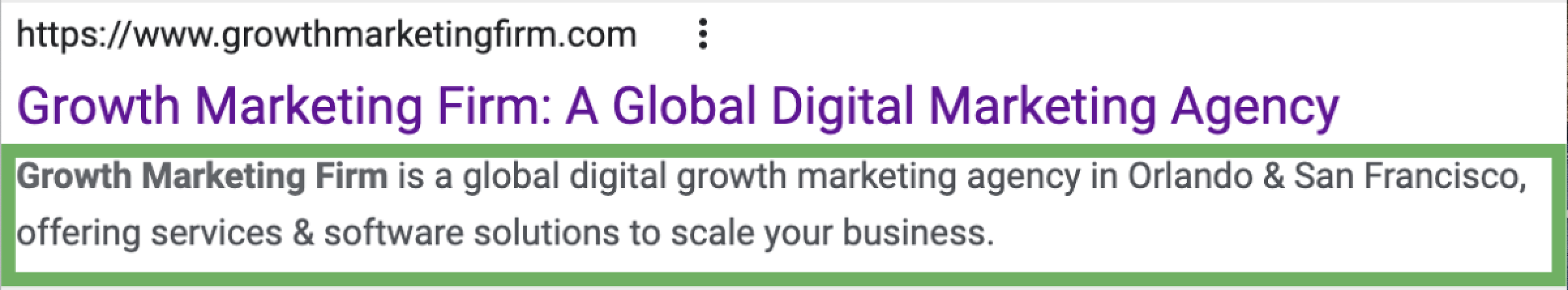 A screenshot of the search engine ranking page for the query "Growth Marketing Firm" with the meta description circled in green.