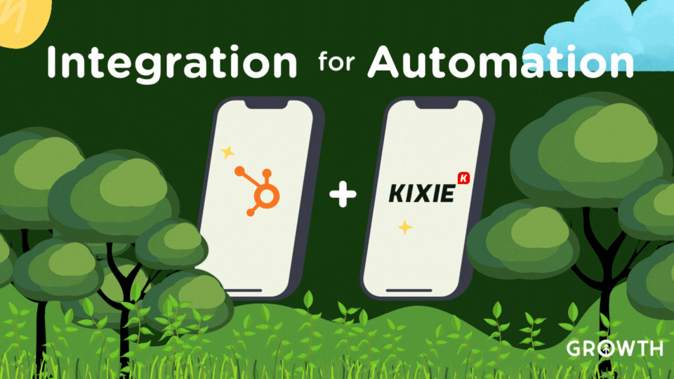 A graphic design of a summer scene with bright green trees, a rolling hill, and grass with vines against a dark green sky with a rotating sun and two blue clouds surrounds two large mobile phones ringing with the HubSpot and Kixie logos.