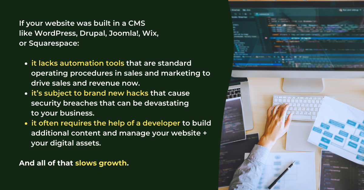 A developer's hands typing code with a quote about why to migrate a website to HubSpot CMS.