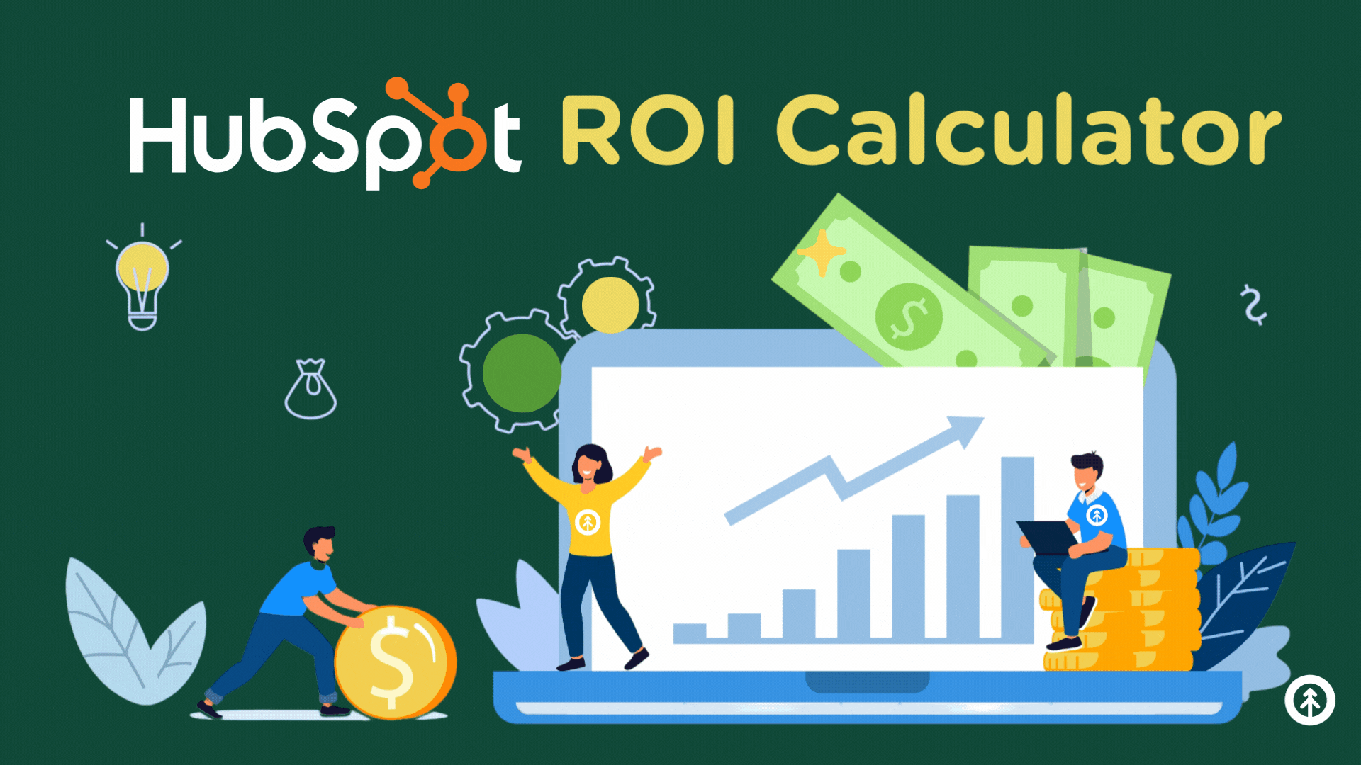 A vector graphic image that represents people strategizing how to use HubSpot to market a business to save and generate revenue for a strong HubSpot ROI