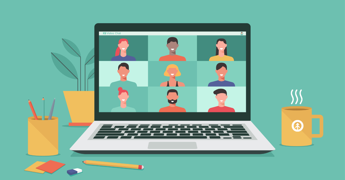 A vector graphic image of a desk with a laptop showing people in a remote meeting.