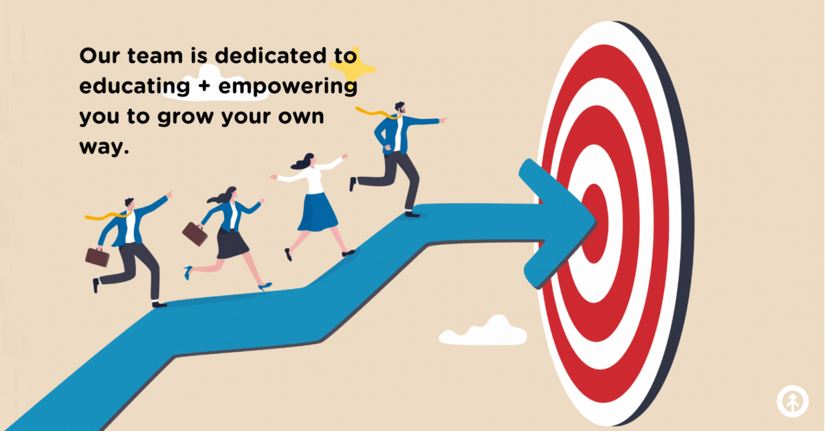 A vector image a four professionals running along a blue arrow to a bullseye on a target with a quote from Growth Marketing Firm: "Our team is dedicated to educating and empowering you to grow your own way.".