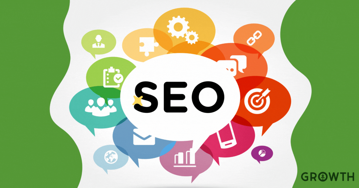 A central white speech bubble with the acronym SEO inside with multicolored speech bubbles surrounding it with icons that represent elements of SEO inside.