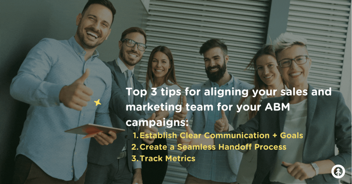 A group of happy professionals with their thumbs up with a quote about ABM strategy from Growth.