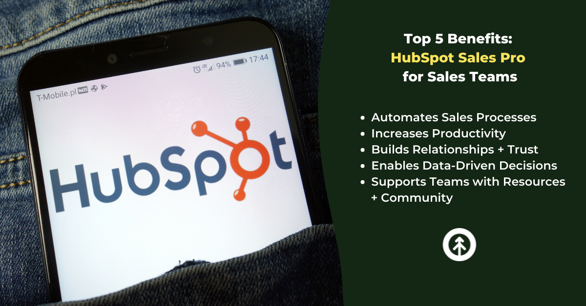 A mobile phone with the HubSpot logo on the screen rests in the back pocket of someone's jeans.