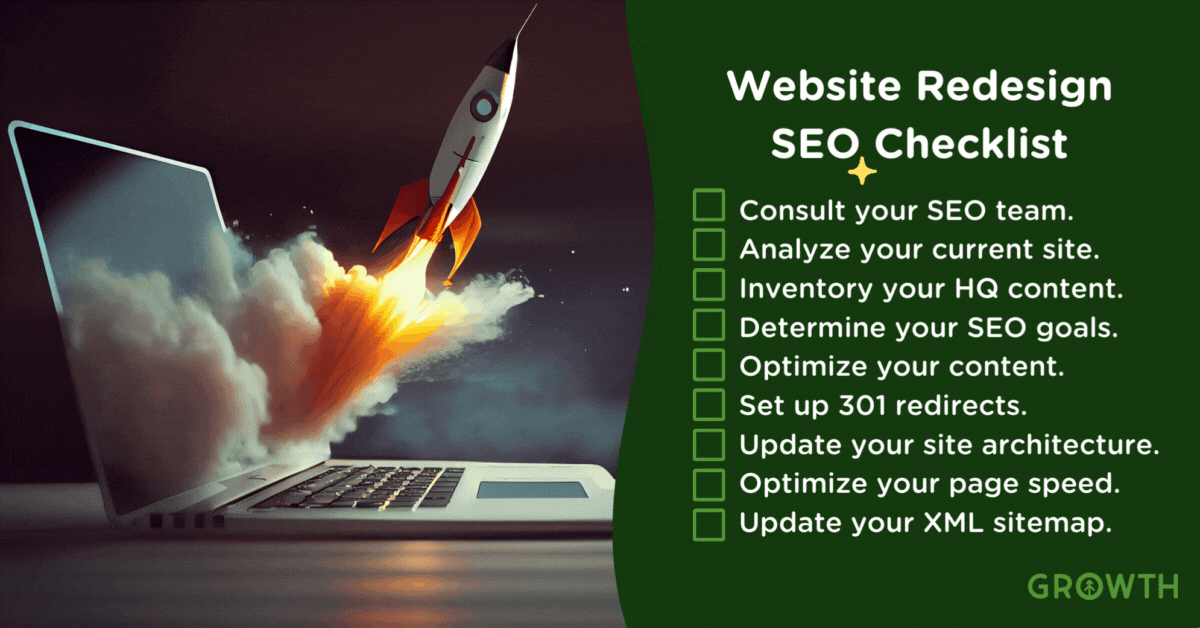 A laptop with a rocket launching out of the keyboard sitting on a wooden table with a checklist of things to do to protect your SEO during a redesign of your website.