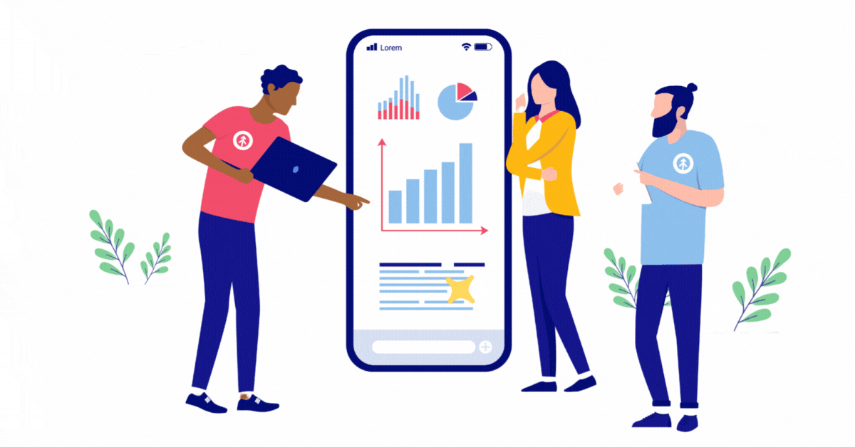 A vector image of three marketers analyzing data about their business on a large mobile device.