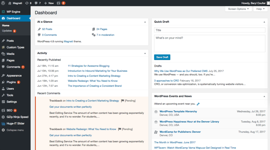 Wordpress cms dashboard