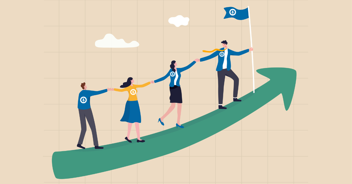 A vector graphic image of four people climbing a green arrow toward a blue flag. 