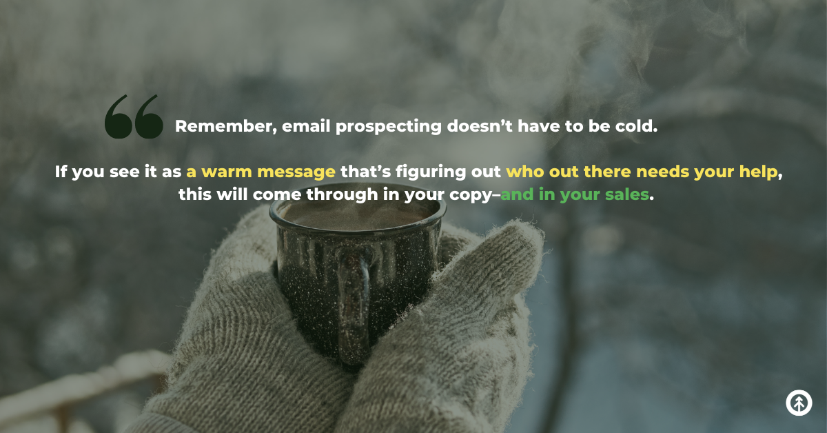 A person wearing wool mittens outside with their hands around a warm cup of cocoa with a quote from Growth Marketing Firm about cold email outreach.