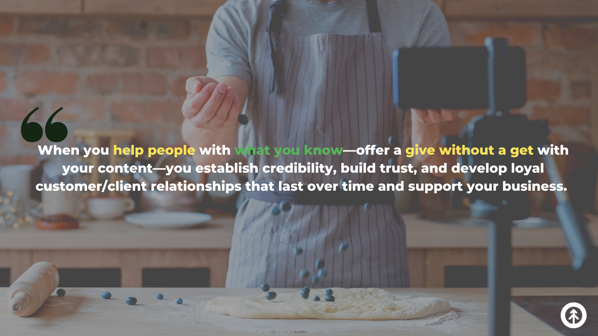 A cooking content creator makes a blueberry pie on video in a kitchen with a quote from Growth Marketing Firm about content marketing overlaid on it.
