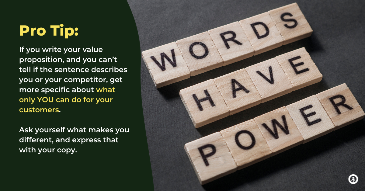 Scrabble tiles spelling out “Word have power” with an infographic from Growth Marketing Firm. 
