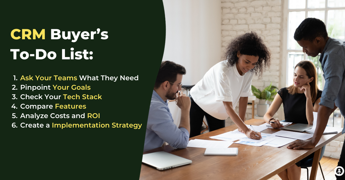 A happy team working on a growth strategy around a table in a modern, white, office space with a CRM buying to-do list from Growth Marketing Firm. 