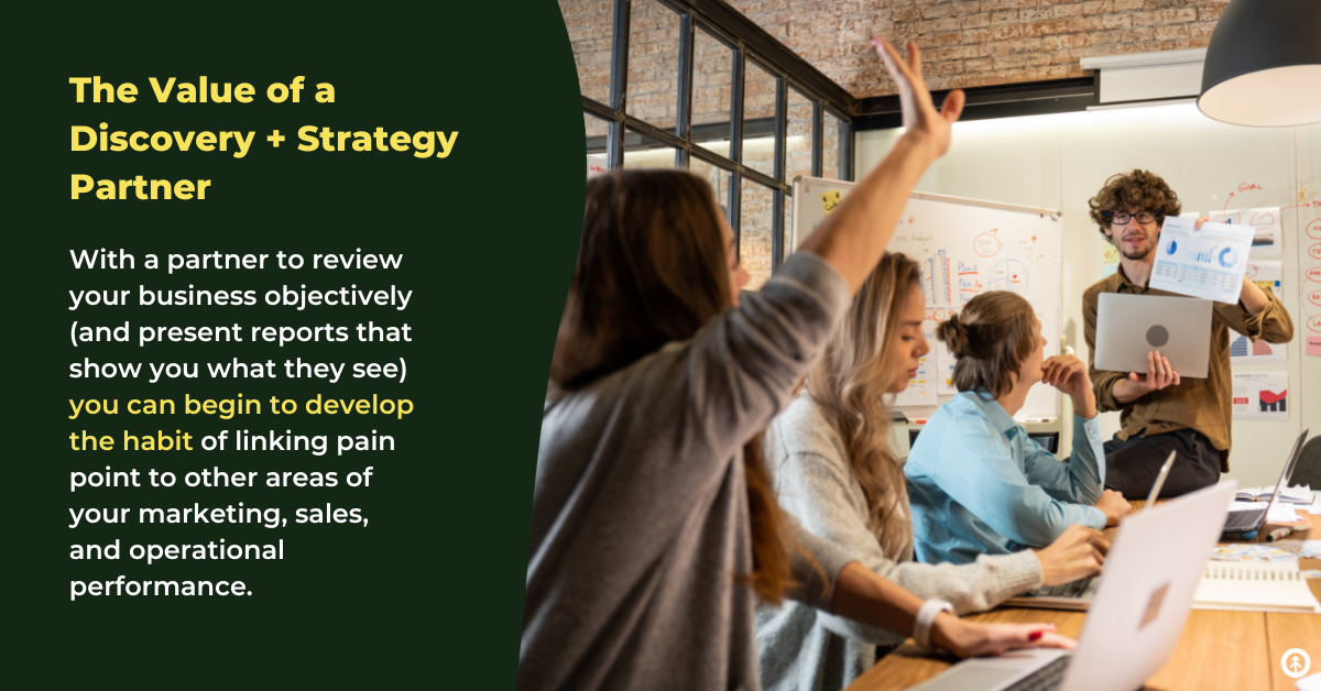 A person leading a discovery and strategy session for three people on a marketing team with a quote from Growth Marketing Firm. 