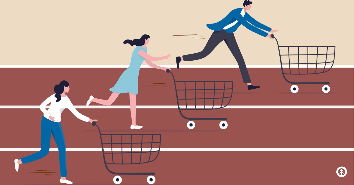 A graphic design showing shoppers with carts racing on a track like runners in a sprint race. 