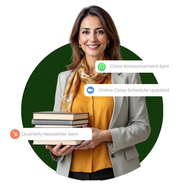 avatar of school teaching holding book with software notifications around her