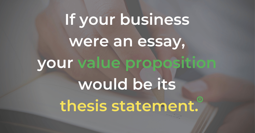 A closeup of a woman’s hand writing with a pencil with a quote from Growth Marketing Firm: “If your business were an essay, your value proposition would be its thesis statement.”