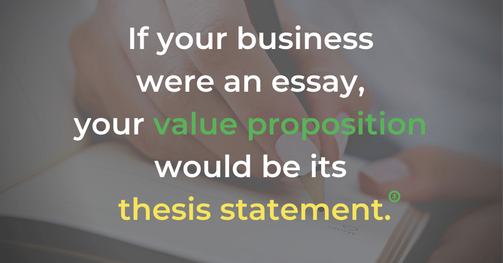 A closeup of a woman’s hand writing with a pencil with a quote from Growth Marketing Firm: “If your business were an essay, your value proposition would be its thesis statement.”