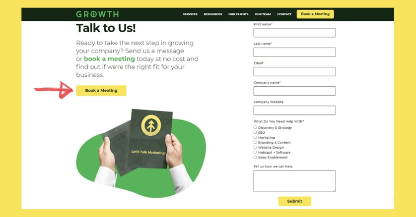 A screenshot of the Growth Marketing Firm website form with a red arrow pointing to the CTA 