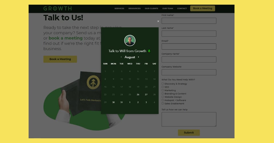 A screenshot of the Growth Marketing Firm website form with the Sales Calendar open