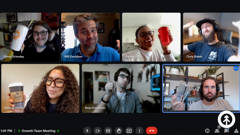 A screenshot of one of the weekly Growth Google Meet remote meetings with the whole team. 