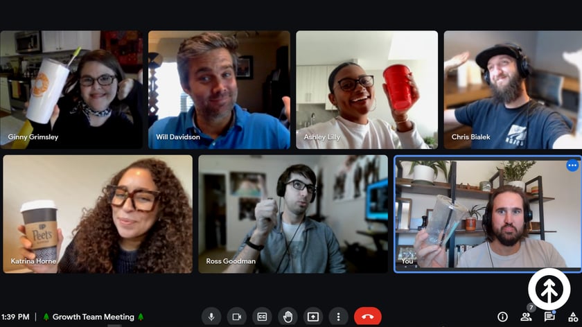 A screenshot of one of the weekly Growth Google Meet remote meetings with the whole team.