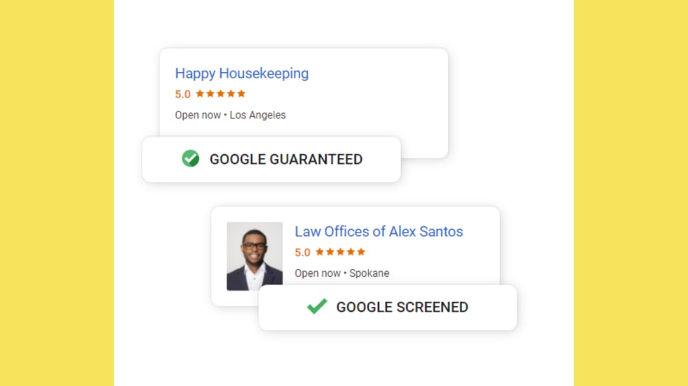 A screenshot of both the Google Guaranteed icon and a Google Screened icon for businesses using Google Local Services Ads