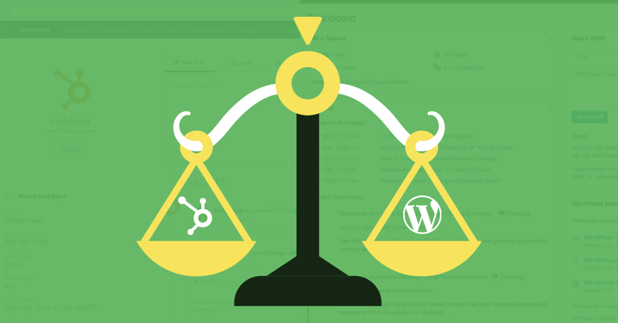 A scale with the HubSpot sprocket logo on one side with the WordPress logo on the other. 