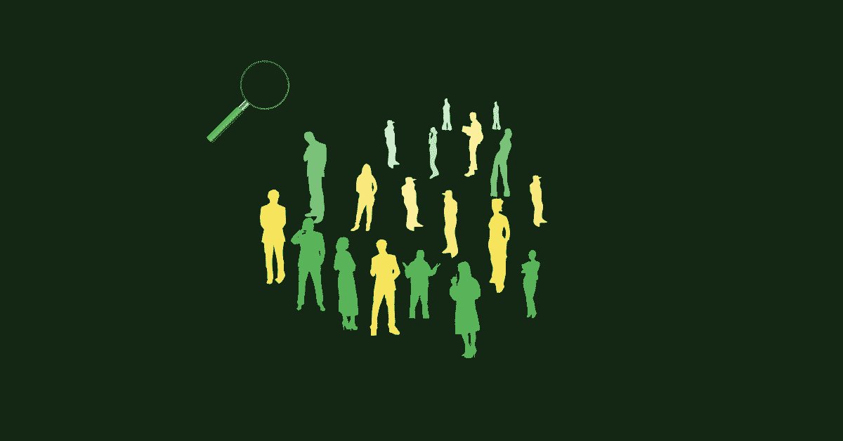 A gif showing a group of people in profile colored yellow and green with a magnifying glass moving over them as the image gets closer to the screen.