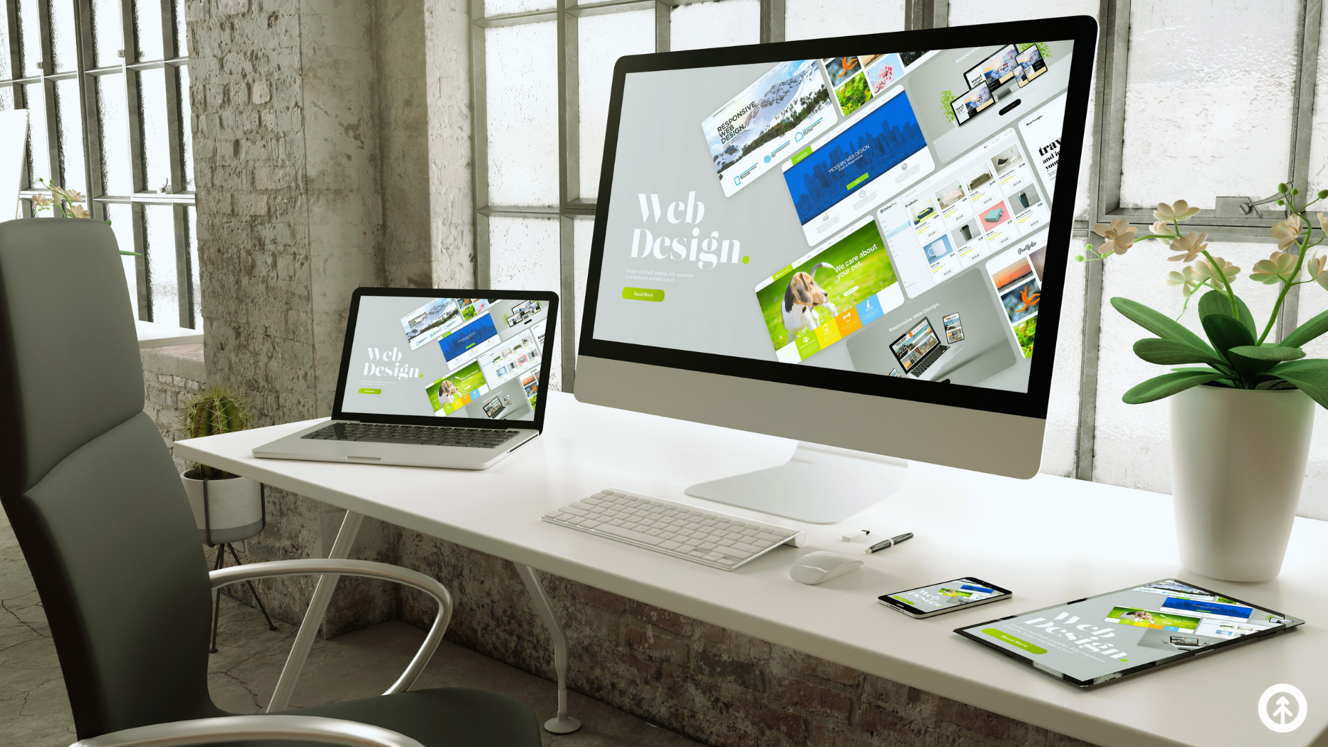 An industrial office desk with a desktop computer, a laptop, an iPad, and a mobile phone showing the same website design.