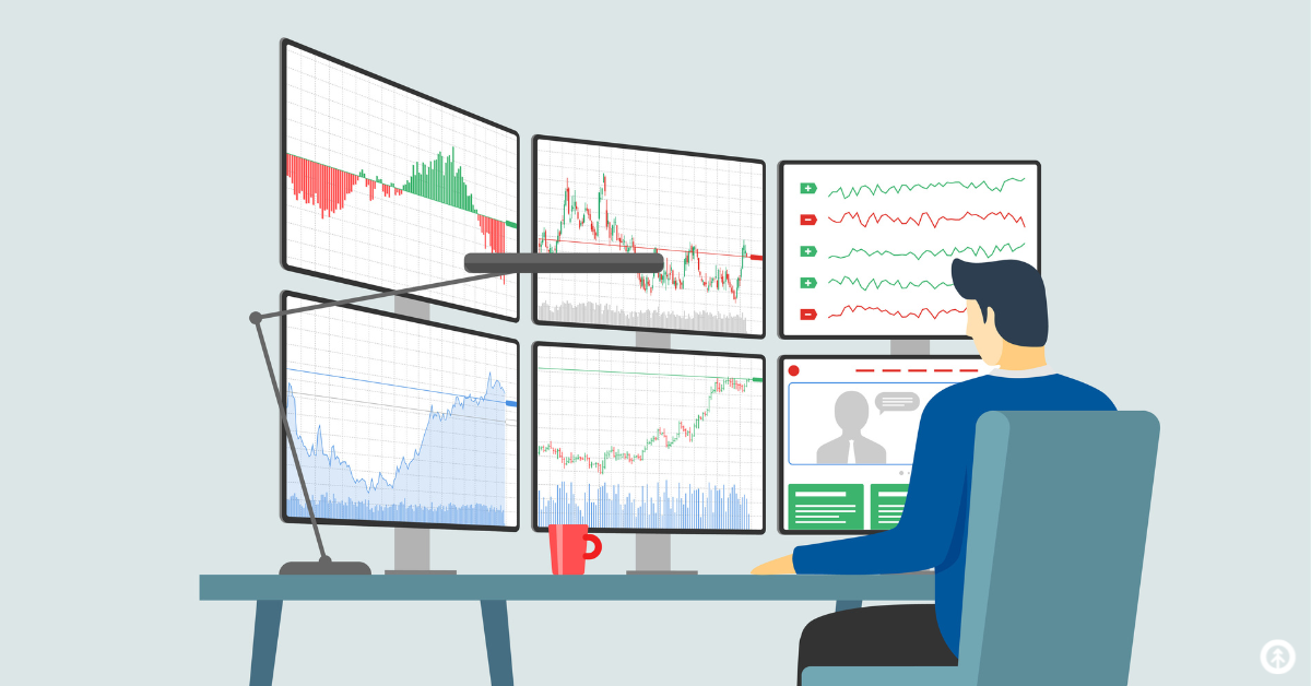 A vector graphic of a person sitting in front of six computer screens monitoring KPIs shown in a variety of charts and graphs.
