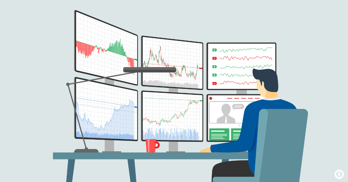 A vector graphic of a person sitting in front of six computer screens monitoring KPIs shown in a variety of charts and graphs. 