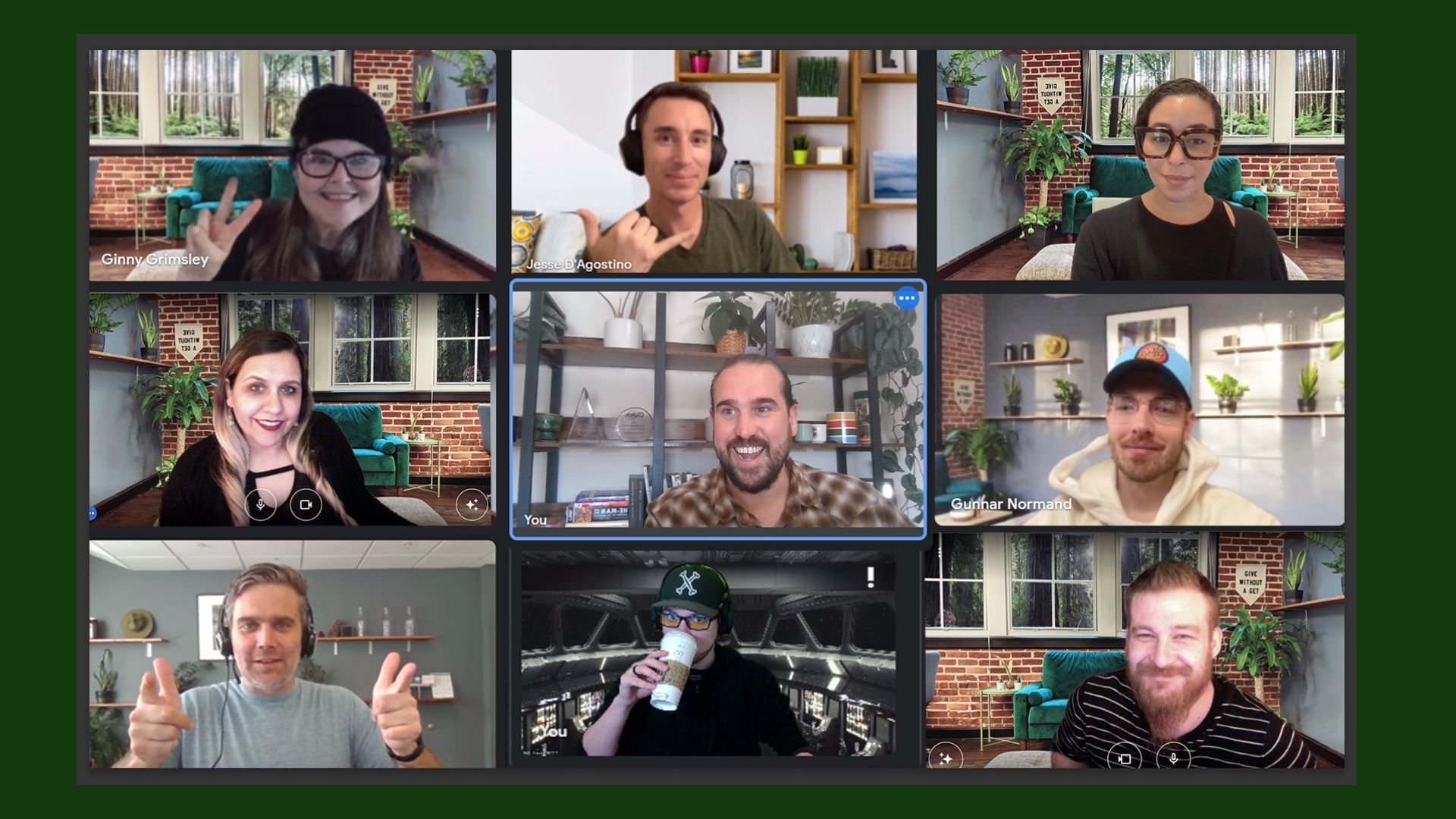 A nine-box grid with an image of nine Growth team members during a remote team meeting. 