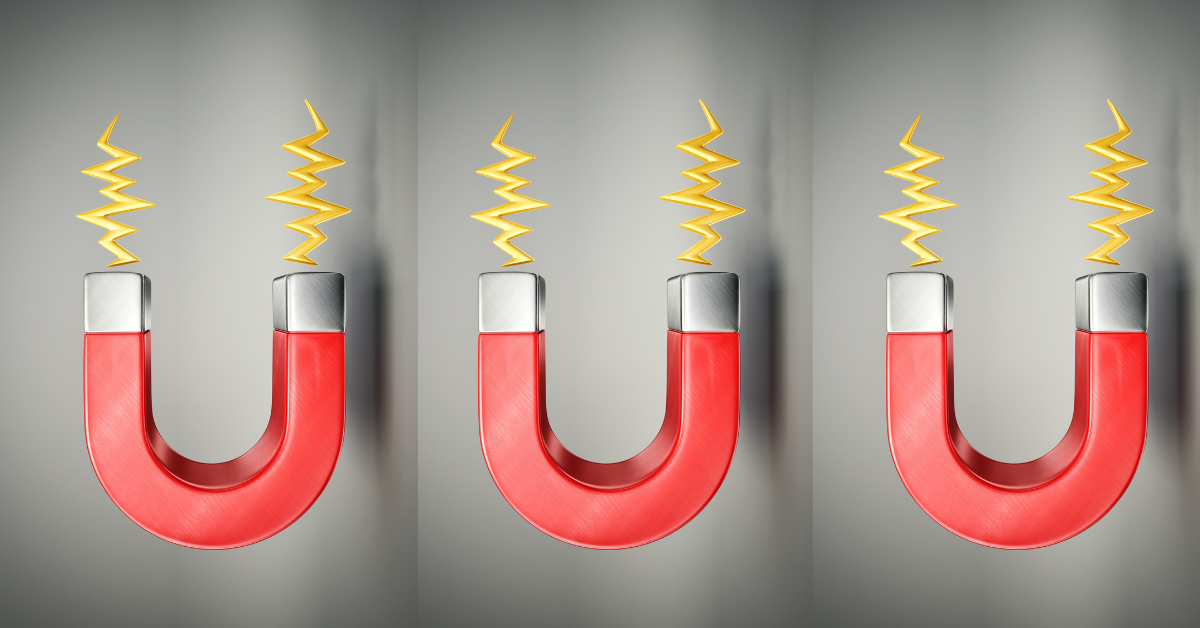 Three red, identical magnets with yellow electricity. 