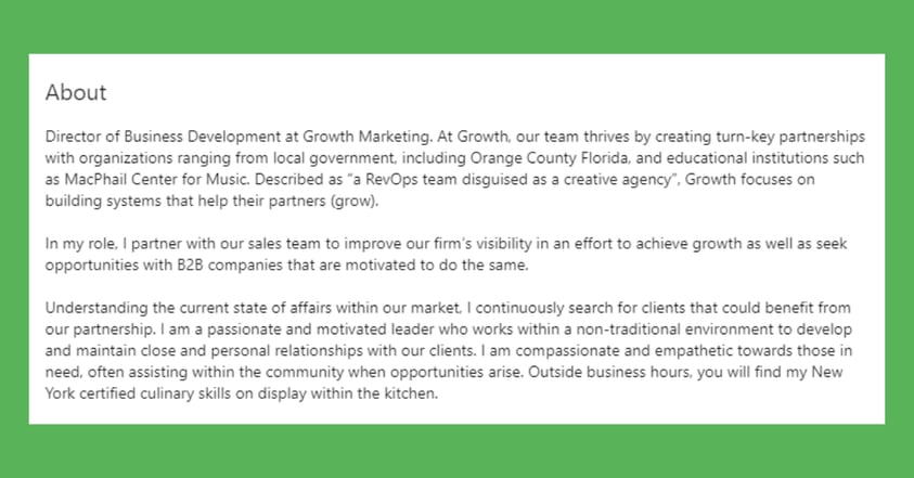LinkedIn Summary from Director of Business Development at Growth Marketing Firm Will Davidson