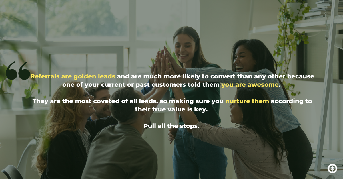 A sales team celebrating a referral in an office setting with a quote from Growth Marketing Firm about how to handle referral leads.