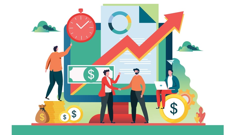 Cartoon concept showing revenue generation in sales, marketing, and customer service. 